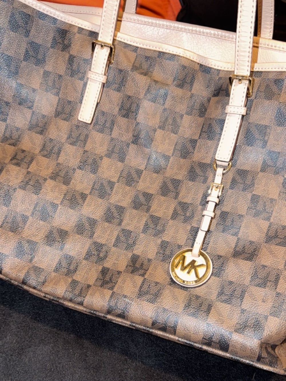 Michael Kors Brown Checked Tote with Gold MK Charm